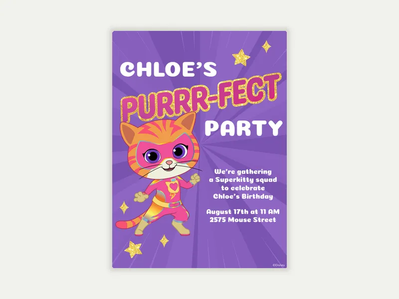 Disney’s SuperKitties: Purrr-fect Party Invitation free template design