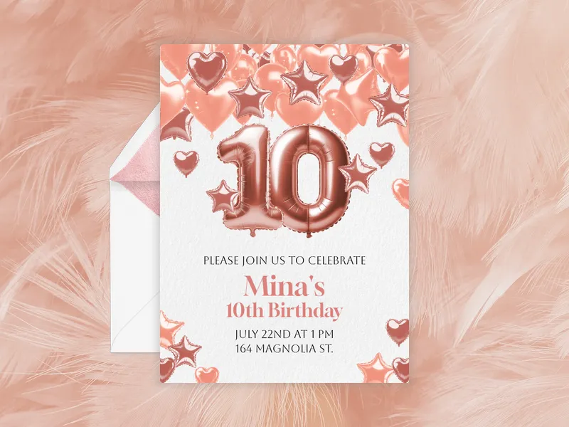 Rosy Jubilation Balloons - 10th_birthday - Invitation