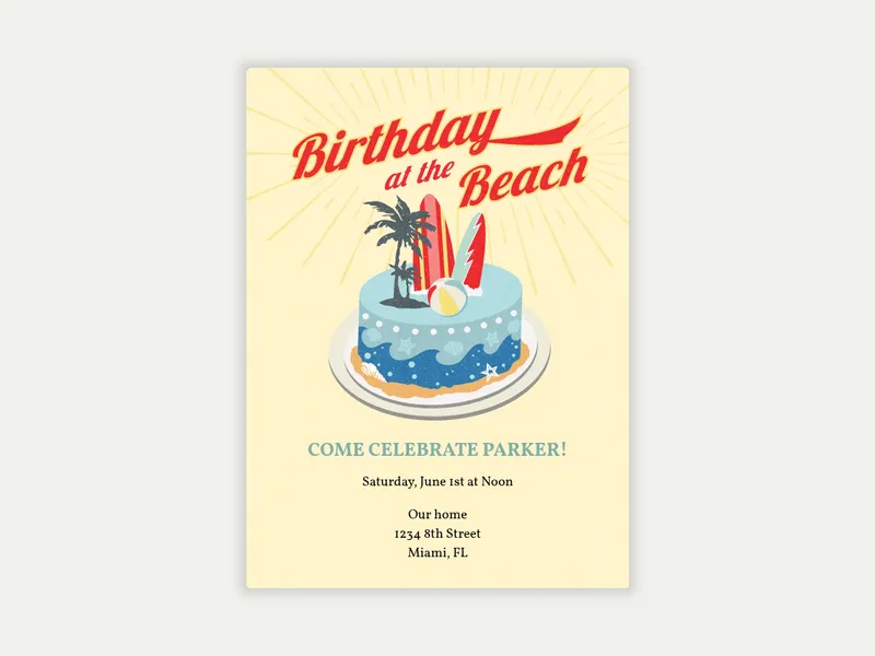 Beach Birthday Cake Invitation free template design