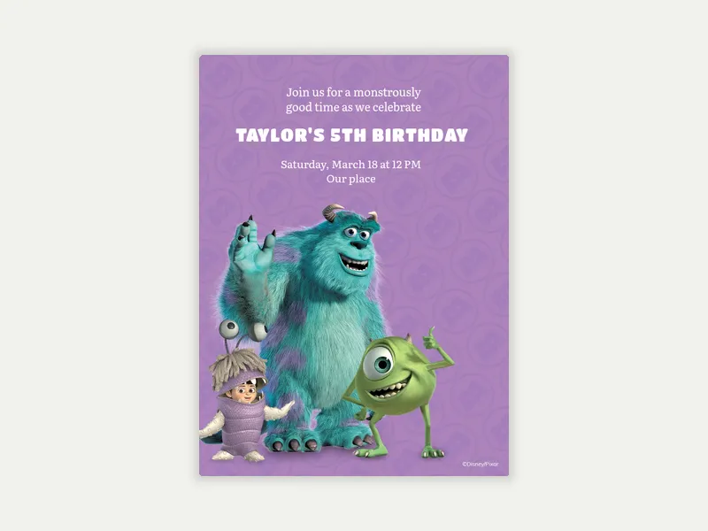Disney and Pixar’s Monsters, Inc.: Mike, Sulley & Boo - characters - Invitation