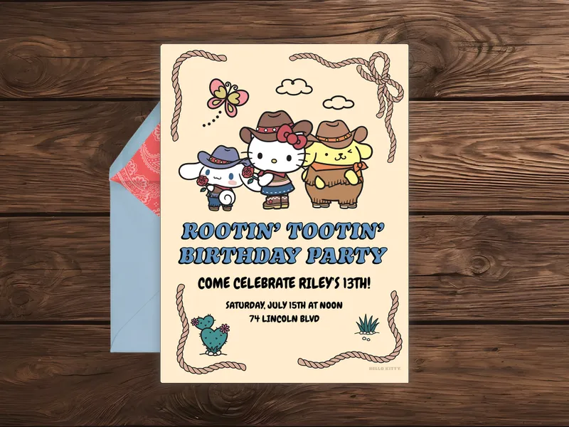 Sanrio’s Hello Kitty and Friends: Rootin’ Tootin’ Invitation premium template design
