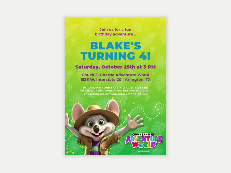 Chuck E. Cheese Adventure World: Tropical Adventure Invitation free template design