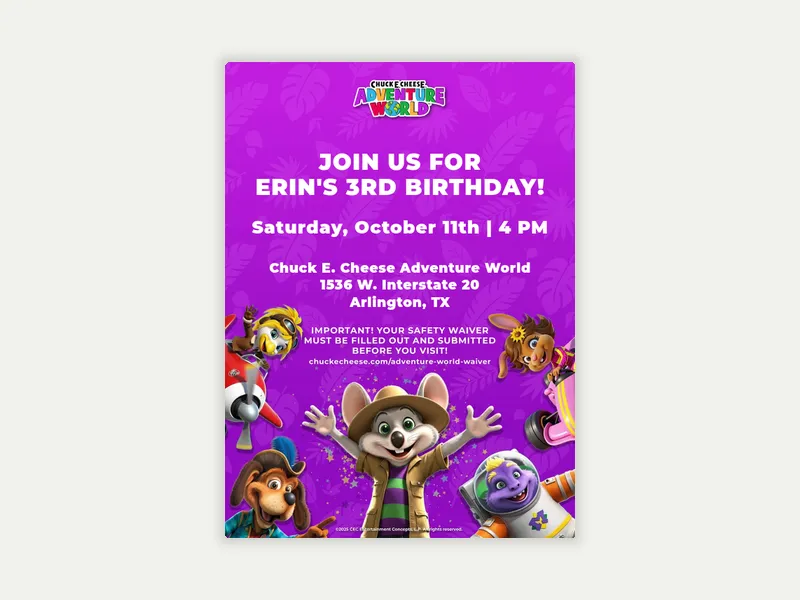 Chuck E. Cheese Adventure World: Adventure Friends Invitation free template design