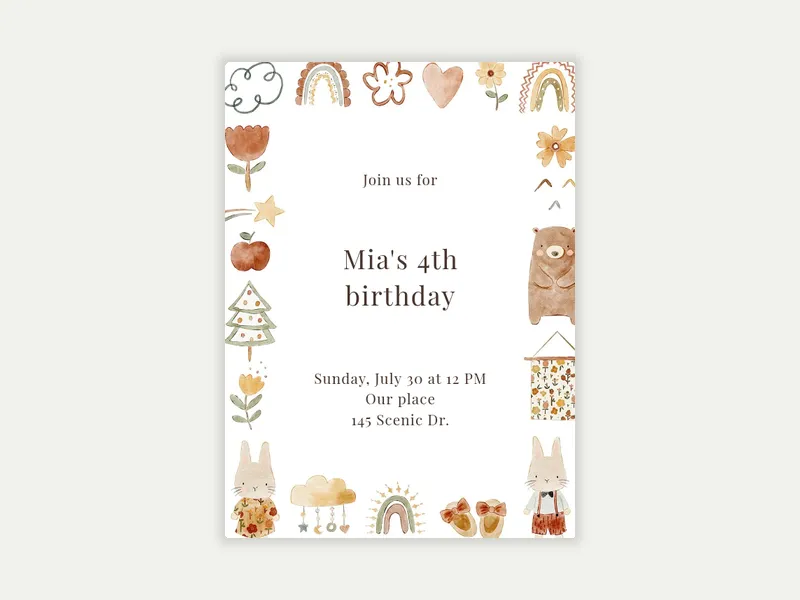 Boho Flora & Fauna Frame - 4th_birthday - Invitation