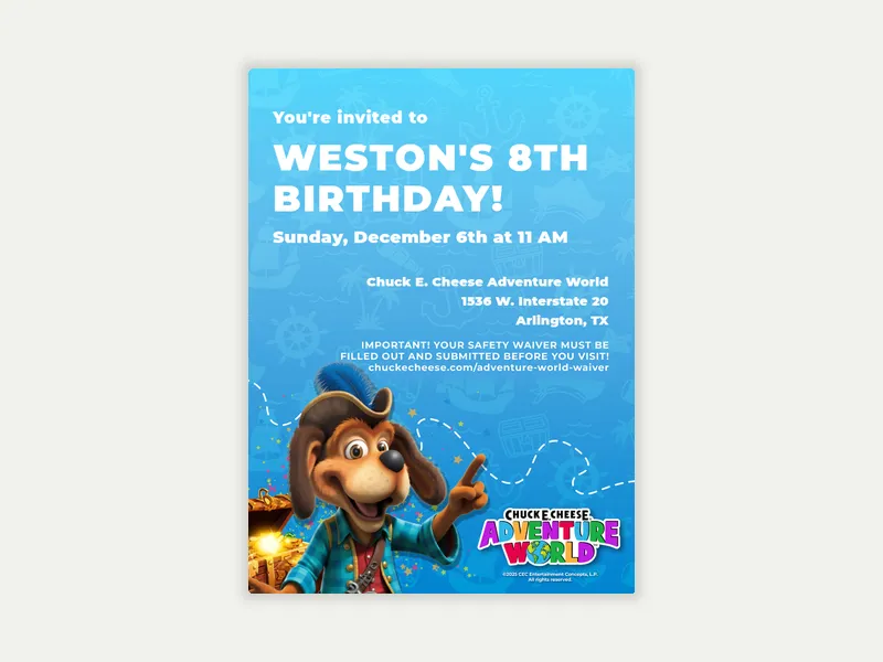 Chuck E. Cheese Adventure World: Treasure Map Invitation free template design