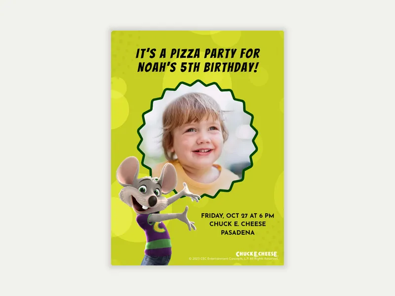 Chuck E. Cheese: Get Ready to Party (Photo) Invitation free template design