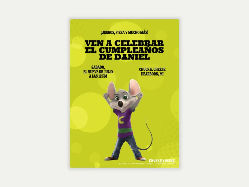 Chuck E. Cheese: Juegos, Pizza y Mucho Más Invitation free template design
