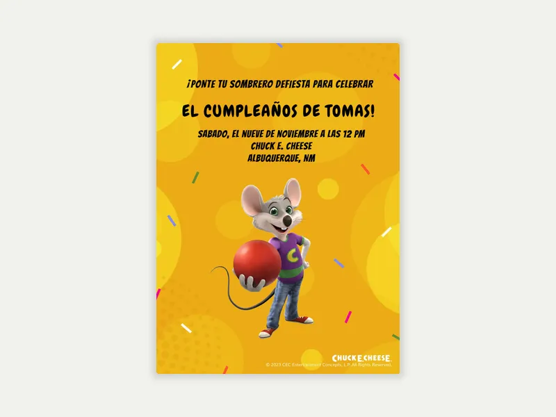 Chuck E. Cheese: Celebremos Invitation free template design