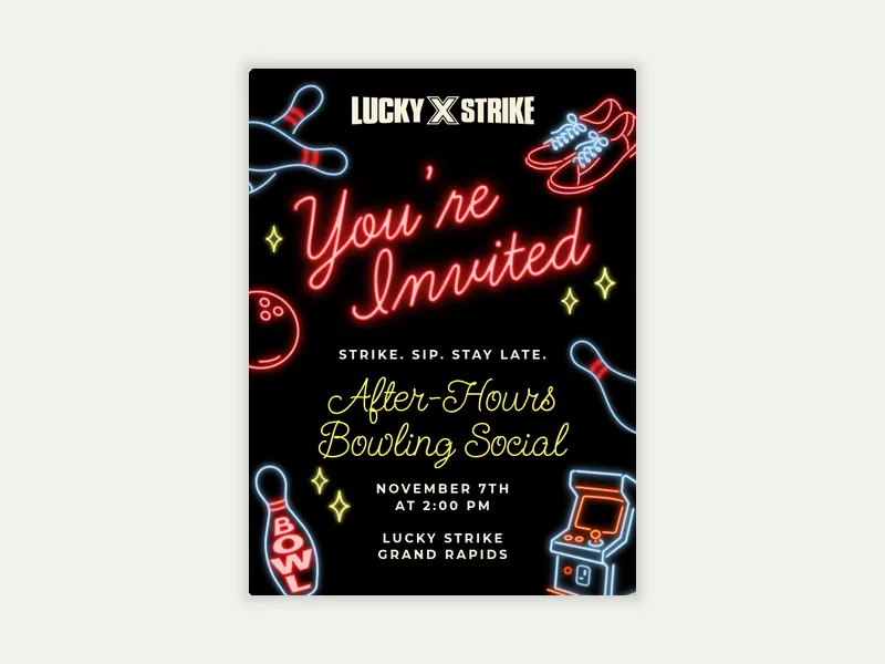 Lucky Strike Entertainment: Lit Night Invitation free template design