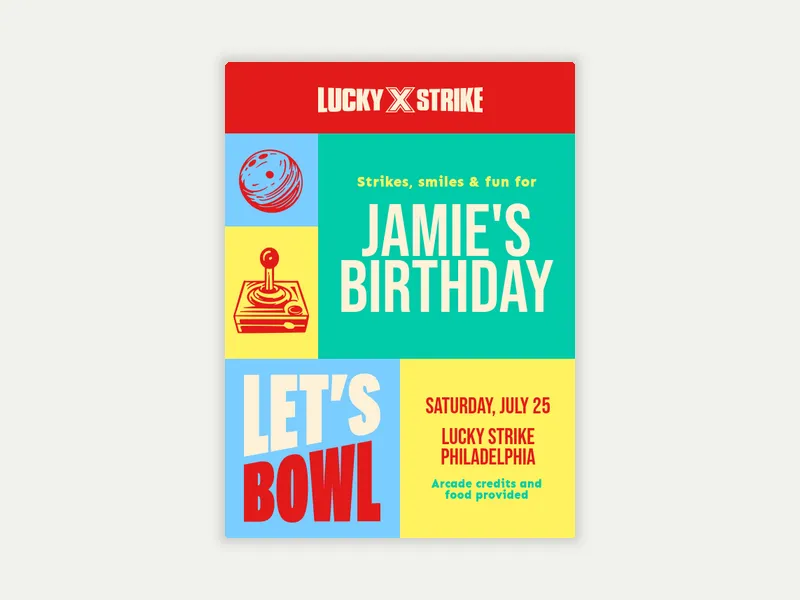 Lucky Strike Entertainment: Play On  Invitation free template design