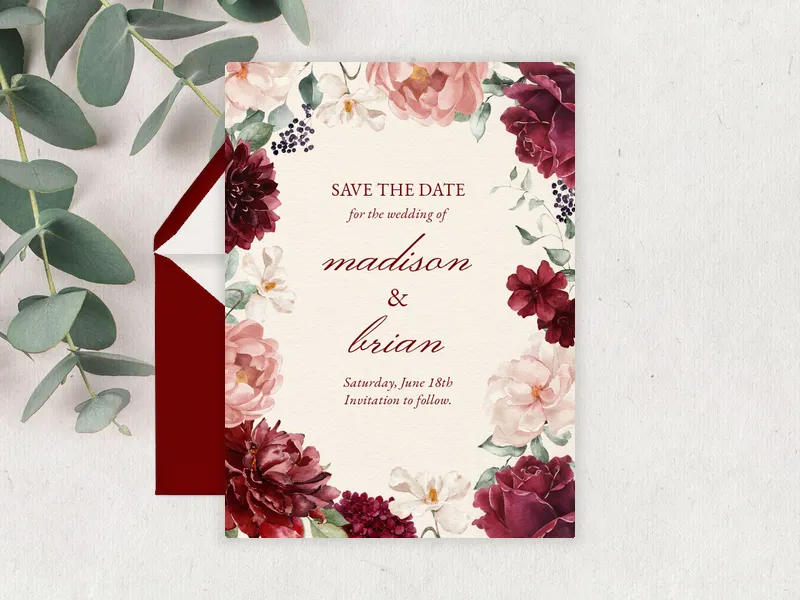 Blush & Burgundy Blooms - Save the Date premium template design