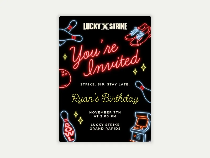 Lucky Strike Entertainment: Lit Night Invitation free template design
