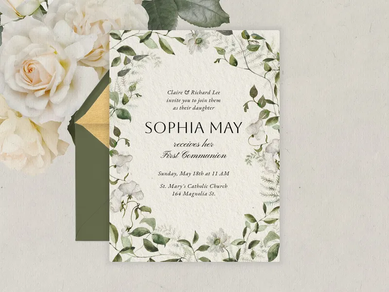 White Flowers & Greenery - religious - Invitation