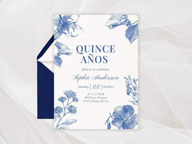 China Blue Floral Motif - quinceanera - Invitation