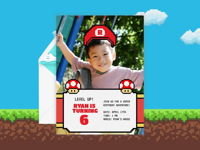 8-Bit Red Hat (Photo) - 4th_birthday - Invitation