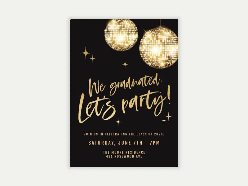 Gold on Black Disco - graduation - Invitation