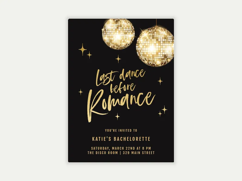 Gold on Black Disco - bachelorette - Invitation