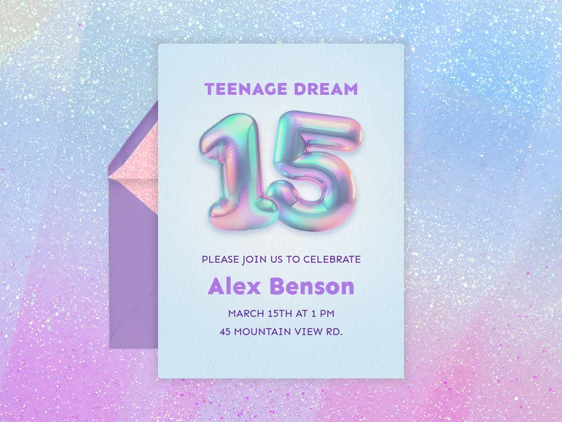 Holographic Balloons - quinceanera - Invitation