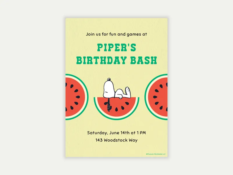 PEANUTS®: Watermelon Whimsy Invitation free template design