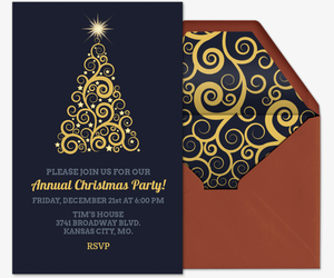 golden christmas tree invitation